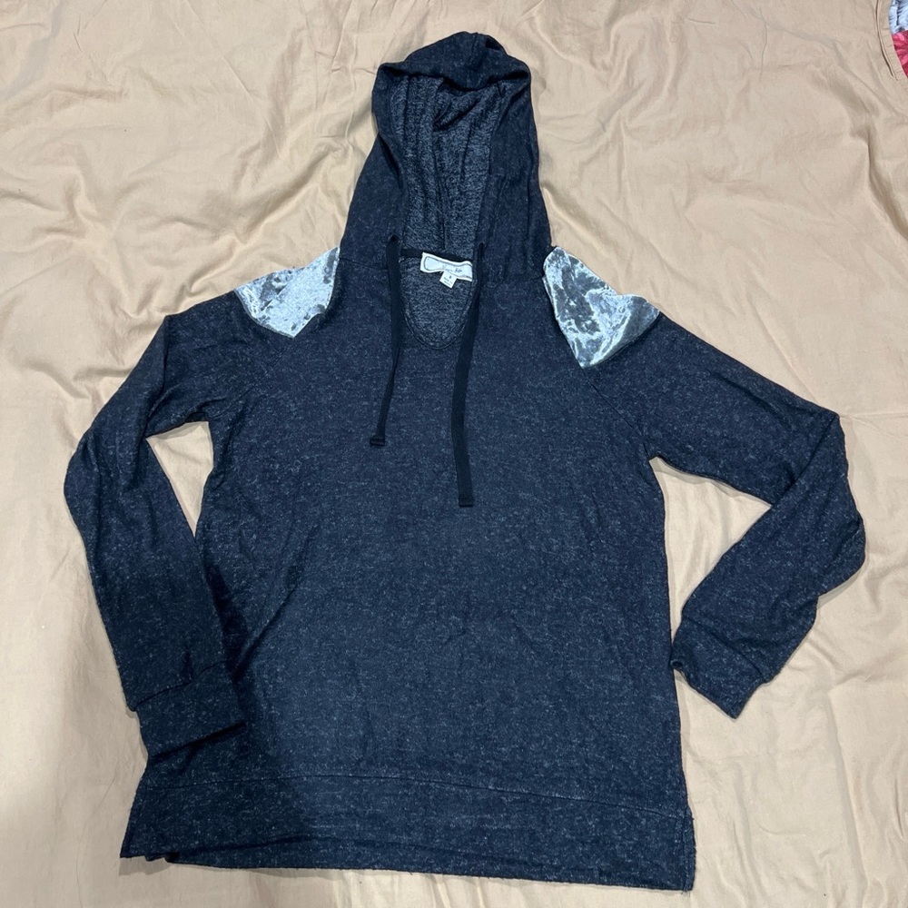 Black hoodie with touch of gray on shoulders